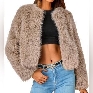 Pretty Garden faux fur, shaggy, taupe cropped outerwear jacket, NWT, Large